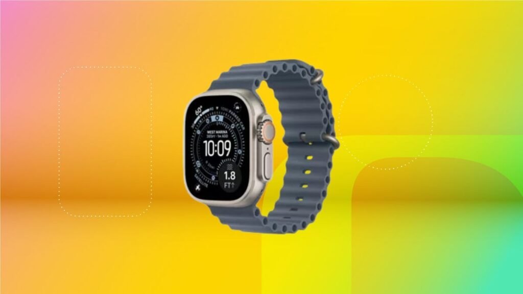 Apple Watch Ultra 3 with titanium blue wrist band displayed against a gradient orange, yellow and green backgound