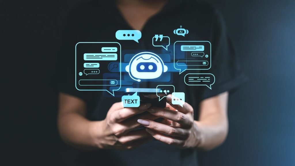 Female holding smartphone, holographic chatbot graphics, dark background, concept of AI communication and virtual assistance