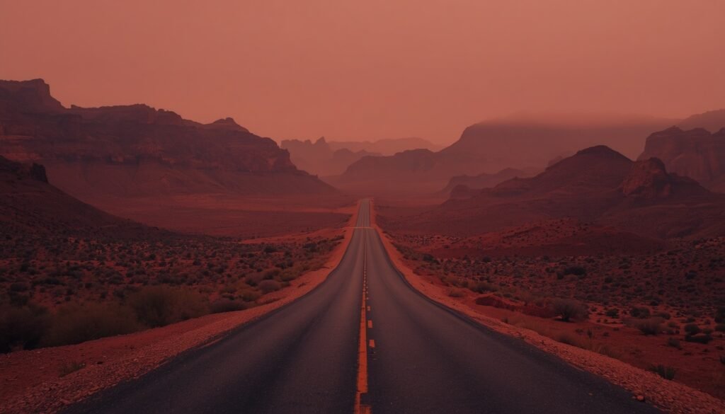 Photograph of a winding desert road through reddish hills, muted copper and terracotta palette, lonely cinematic mood
