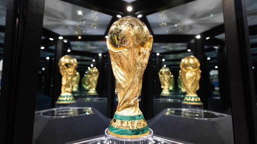 world cup trophy on display in a case in Dallas, Texas
