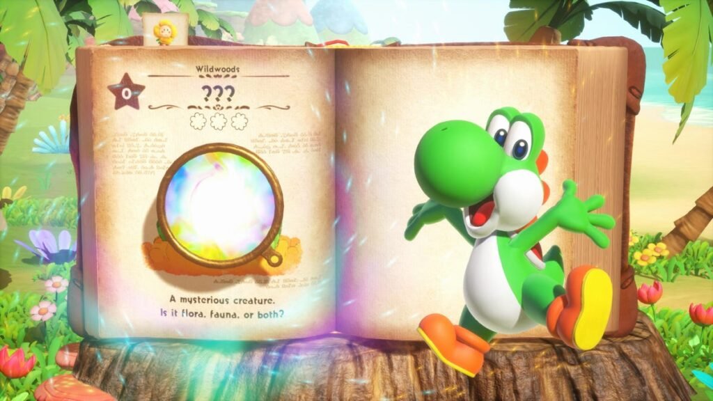 Yoshi dancing in front of a giant open book with a rainbow lens portal looking at an open page