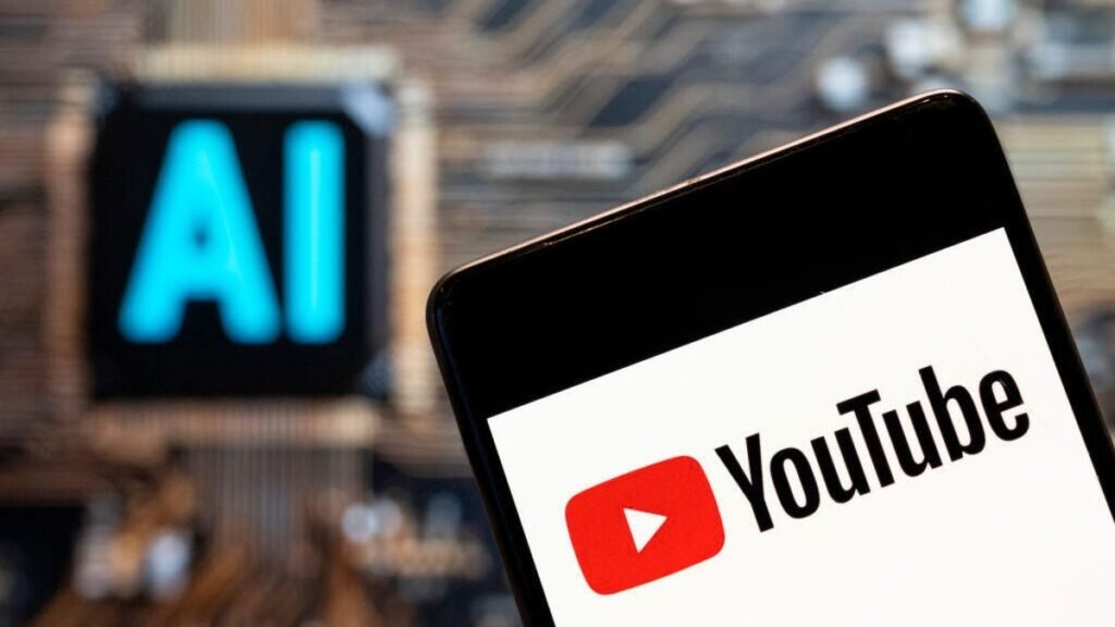 A phone with the YouTube logo is positioned in front of a digital illustration of a chipset with a blue AI logo on it.