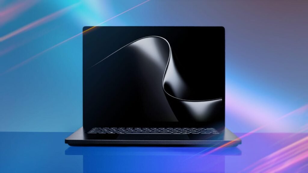 A generic shot of the laptop facing the viewer on a multicolor background