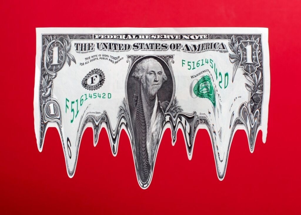 US $1 dollar bill in mid-air, melting