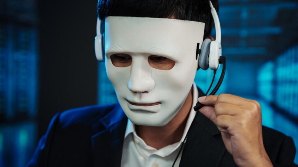 Businessman wearing white mask and headset, adjusting microphone in dark blue office