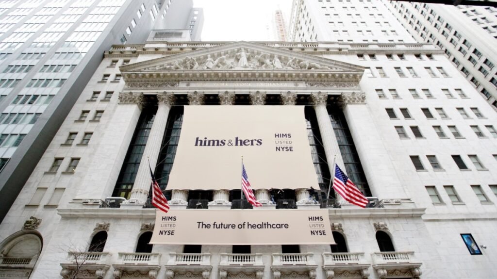 a photo of Hims and Hers' banner outside the New York Stock Exchange.