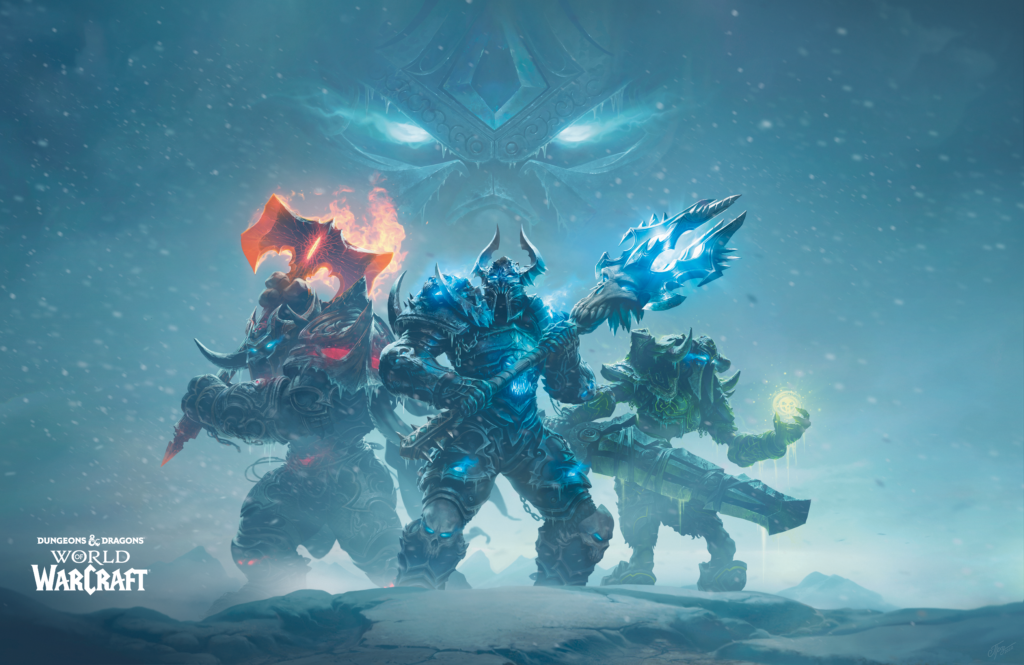 An art rendering of undead knights with different color weapons.