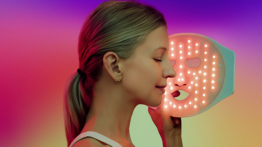A person with blonde hair in a ponytail holding a red light LED mask in front of a rainbow gradient background.