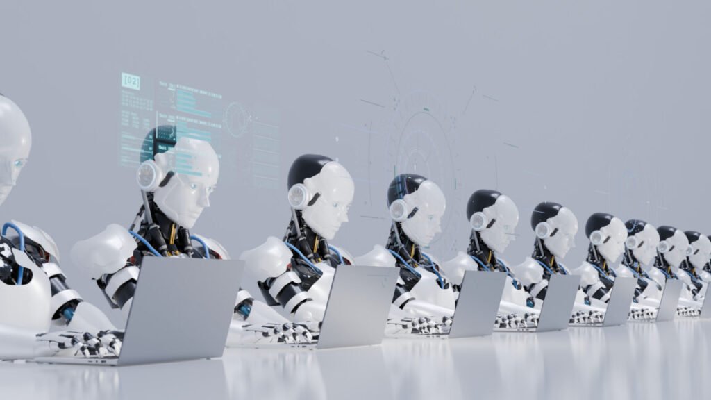 Digital generated image of multiple robots working on laptops siting in a row.