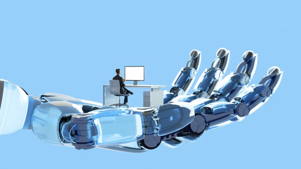 Digital illustration of robot's hand holding and supporting man who is sitting at a desk using a computer.