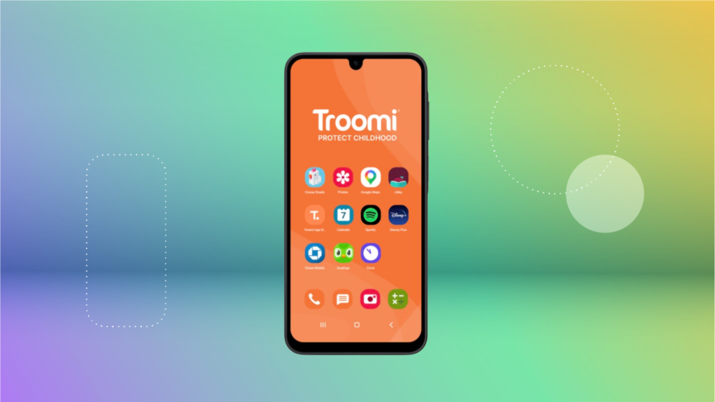 Black Samsung smartphone with orange Troomi interface against blue and green CNET background
