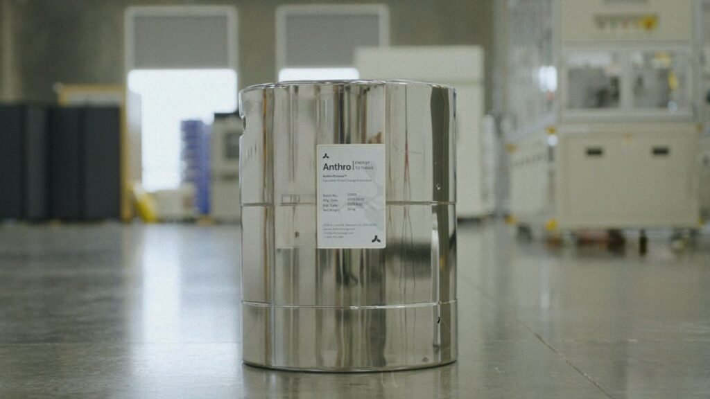 A can of electrolyte sits on a factory floor.