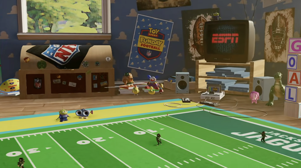 A screenshot of a video showing an animated alternative broadcast of an NFL game played with Toy Story animations