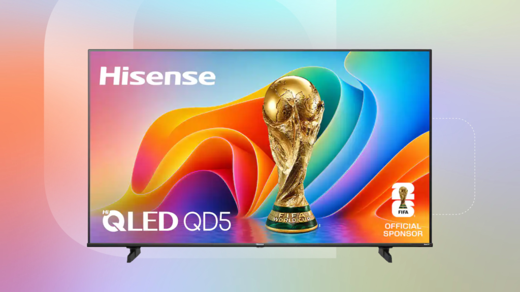 The 58-inch Hisense QD50 Roku TV is shown on an orange and purple background.