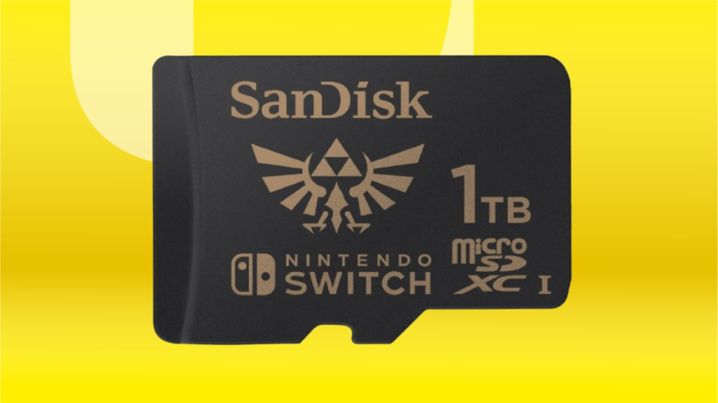 Black SanDisk MicroSD card against yellow CNET background.
