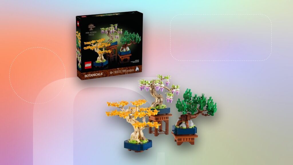 Lego botanicals mini bonsai set displayed against a gradient pastel background