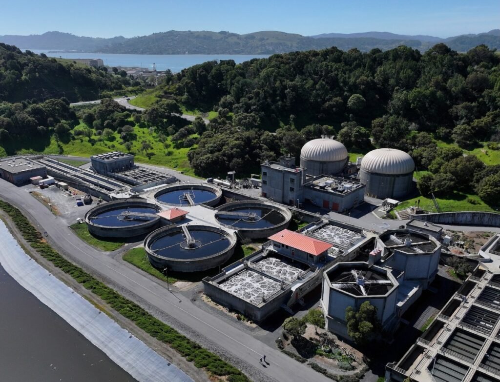 In an aerial view, pools of water are visible at Central Marin Sanitation Agency wastewater treatment plant in San Rafael, California.