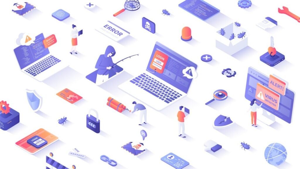 Internet Phishing and Hacking. Cyber phishing private personal data, documents, email, passwords. Cyber security awareness. 3d isometric concept for web. Vector illustration.