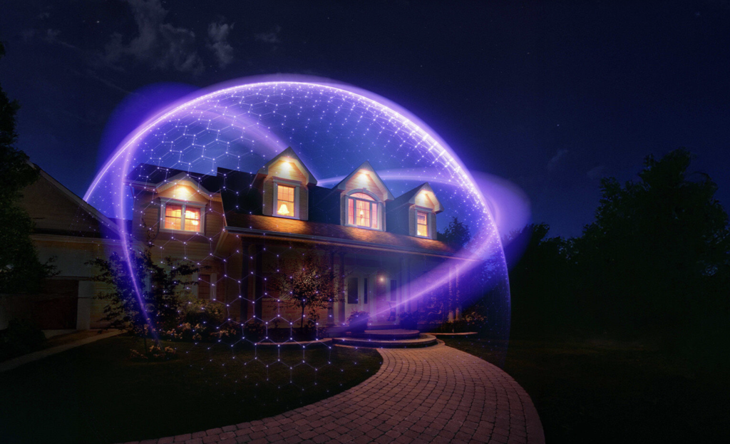 Illustration of a blue shield around a house.