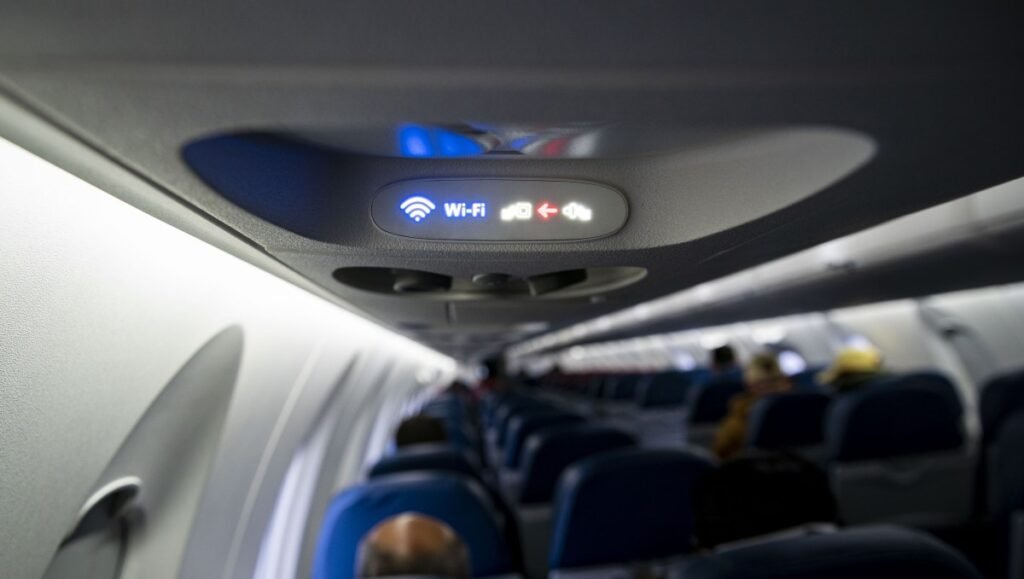 A Wi-Fi and fasten seat belts sign illuminated on a Delta Air Lines plane.