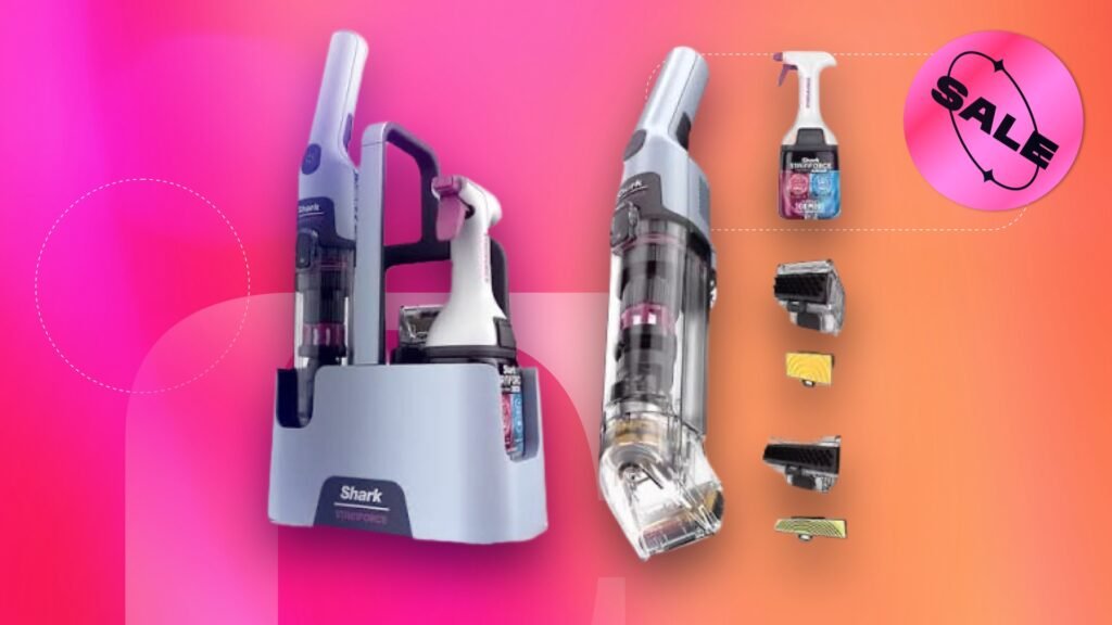Don’t Sweat the Spill. The Shark StainForce Hits Its Lowest Price Yet at $150 A stain remover by Shark with caddy, and many attachments and sale sticker on a CNET background.
