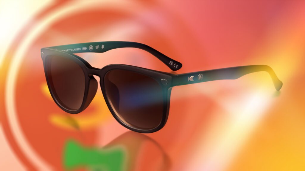DuckDuckGo black sunglasses on a swirled orange background