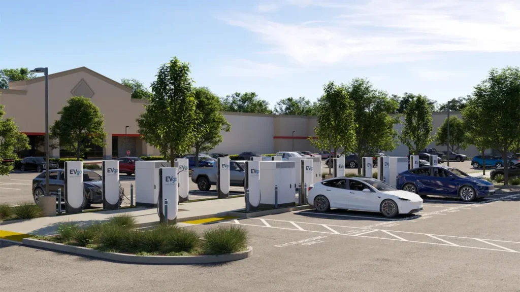 A row of EVgo Tesla superchargers.