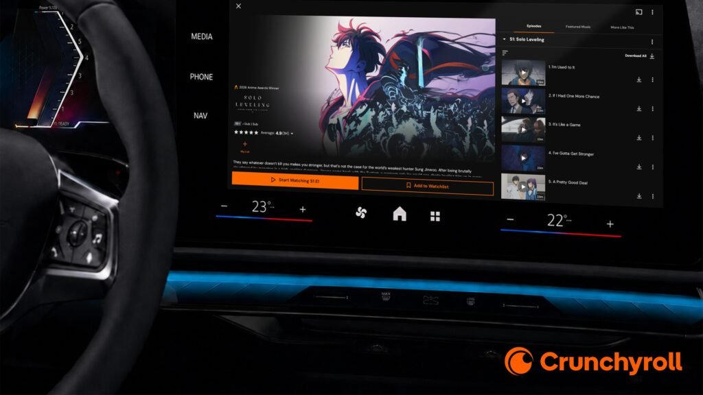 Car dashboard screen showing Solo Leveling anime streaming from Crunchyroll.
