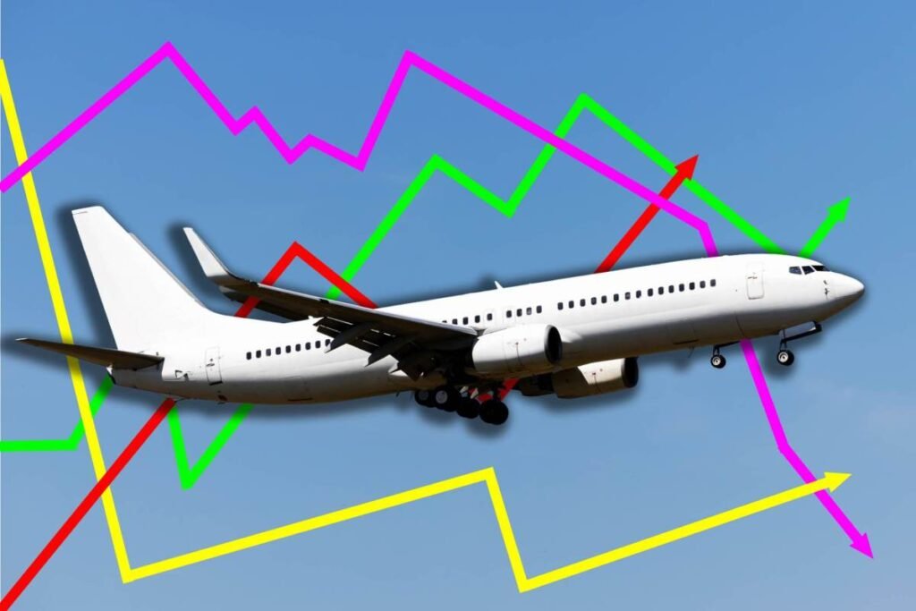 render of airplane over chart lines
