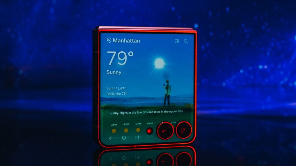 Galaxy Z Flip 8 with Weather app on cover screen