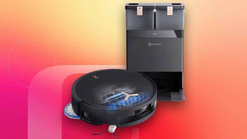 Ecovacs robot vacuum T50 against CNET's red commerce background.