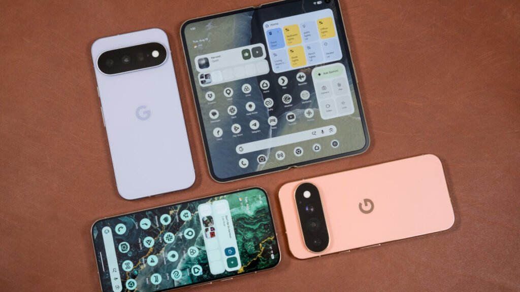 Pixel 11 phones on leather