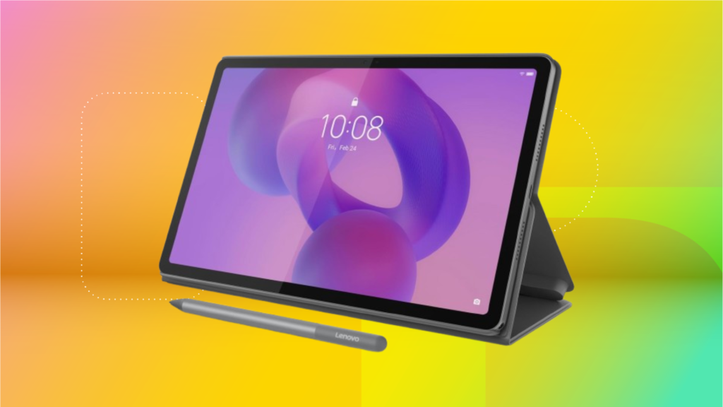 Black Lenovo Idea Tab and stylus against yellow and mint green CNET background.