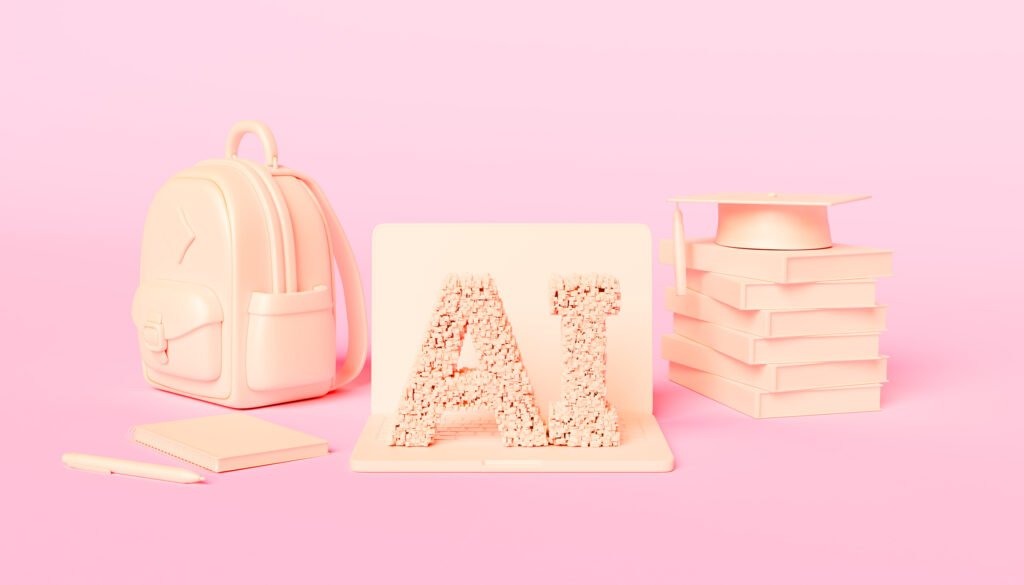 An image showing a backpack, textbooks and graduation cap around an AI sign