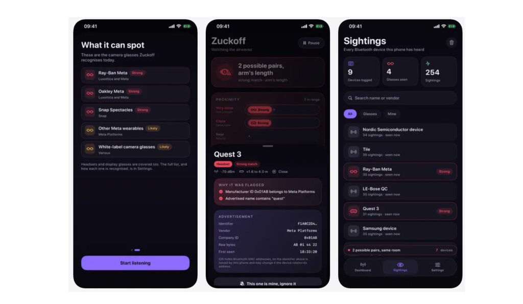 Three iPhone screenshots of "Zuckoff," an app for spotting smart glasses with Bluetooth. The first screenshot shows "What it can spot," the second shows two possible smart glasses pairs detected, the third screenshot has a list of Bluetooth "Sightings" of devices the app has detected.