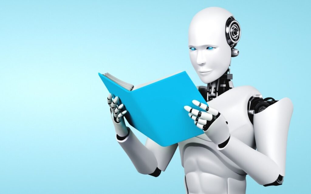 3D illustration of robot humanoid reading book in concept of future artificial intelligence and 4th fourth industrial revolution . (3D illustration of robot humanoid reading book in concept of future artificial intelligence and 4th fourth industrial r