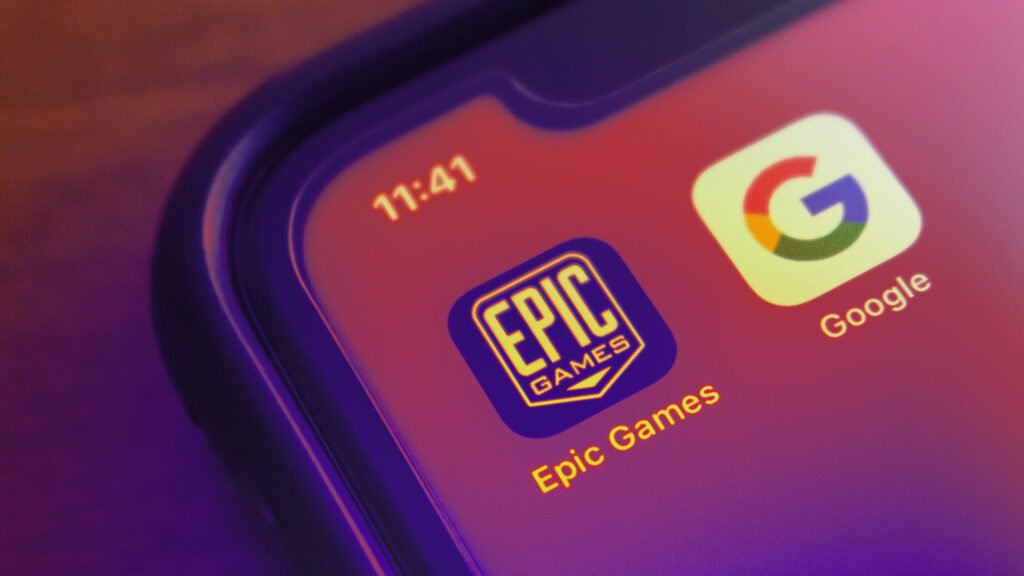 A phone shows the Epic Games app and the Google app on a phone.