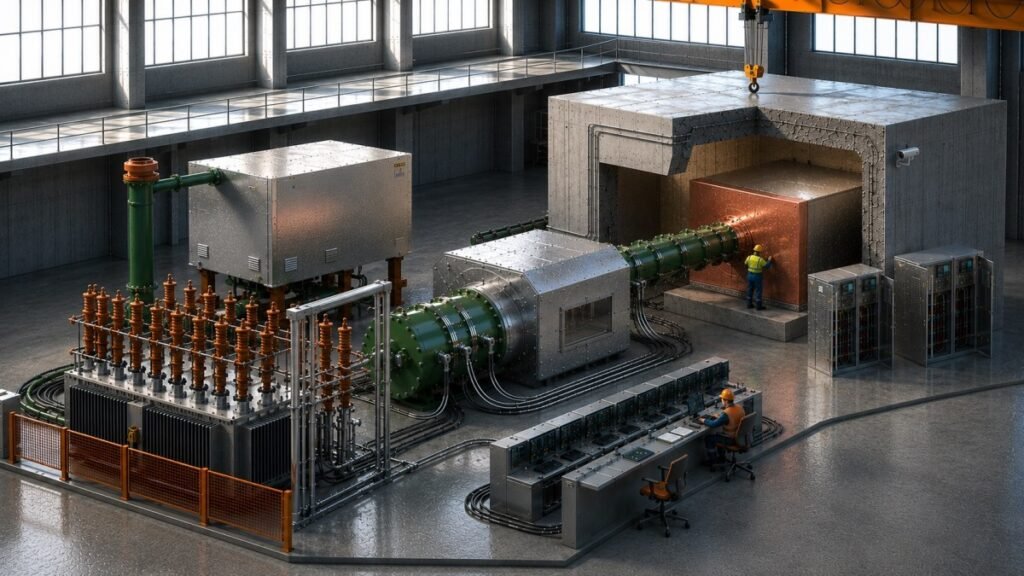 An illustration shows scientists at work on a fusion power device.