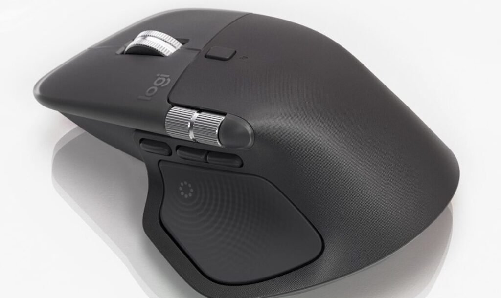 A Logitech MX Master 4 mouse on a white background.