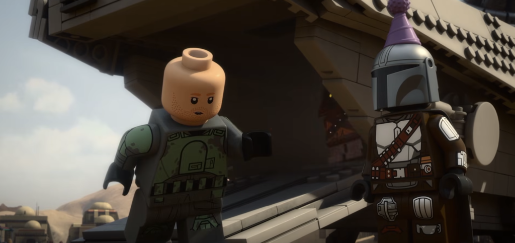 Lego Mandalorian with Migs, from the upcoming Lego Mandalorian special.