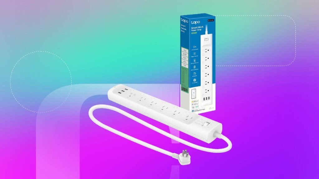 A white power strip against a purple/green gradient CNET background.