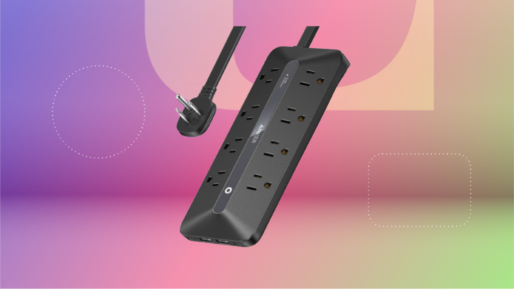 Black Anker power strip against purple, pink and green CNET background.