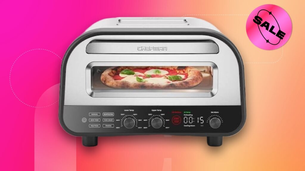 A countertop oven in silver and black color and "sale" sticker on a pink and orange CNET background.