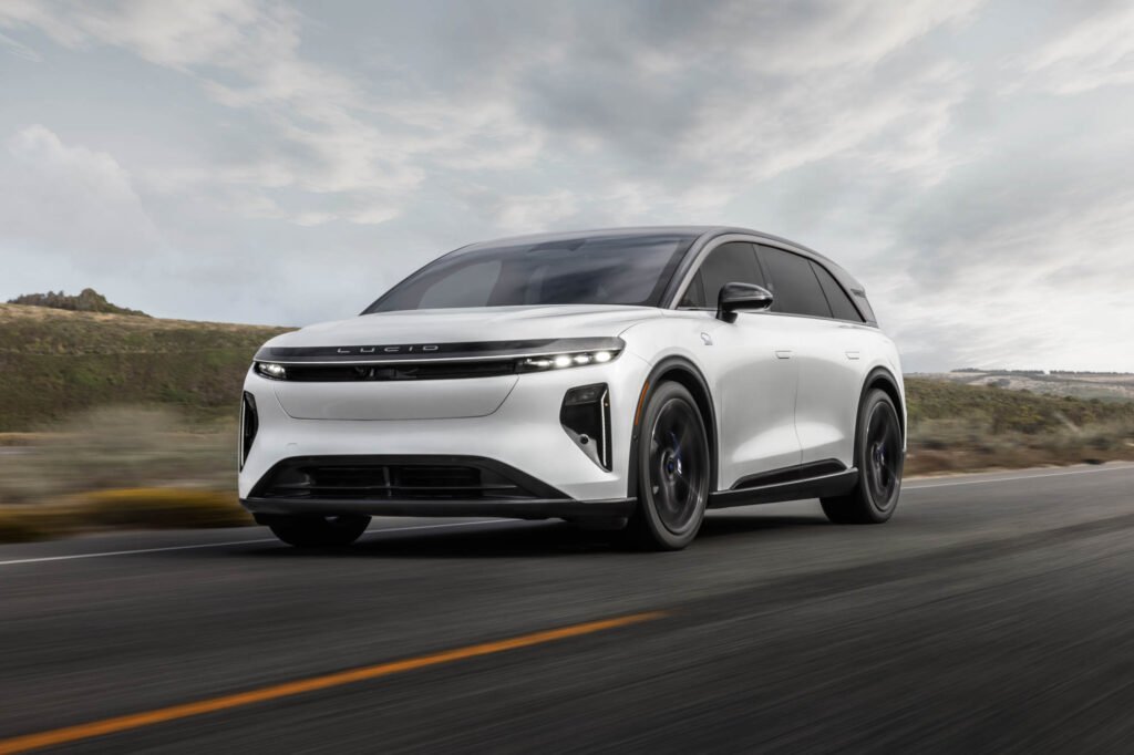 white Lucid Gravity GT-S electric SUV in motion on the road
