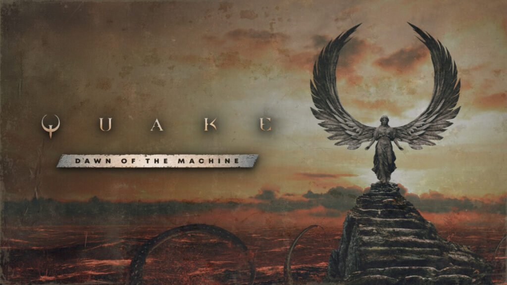 A brown logo with a statue with angel wings