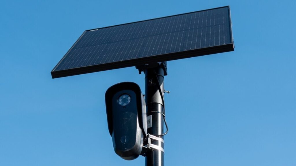 Close-up view of a license plate camera and solar panel mounted on a pole, with the sky in the background.