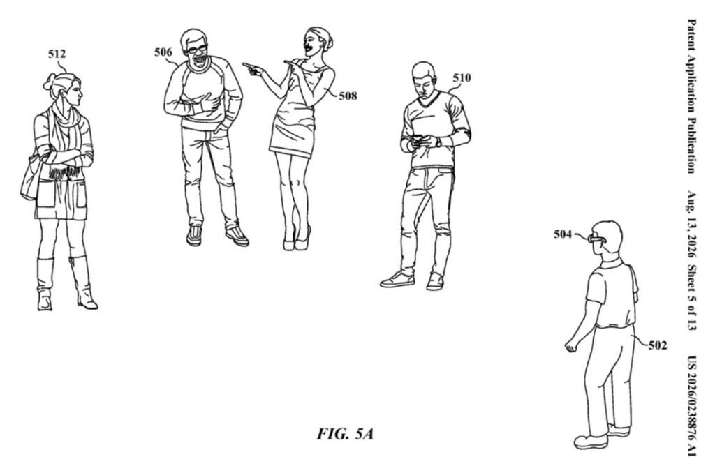 A patent line drawing showing an individual with smart glasses viewing four other people standing nearby.