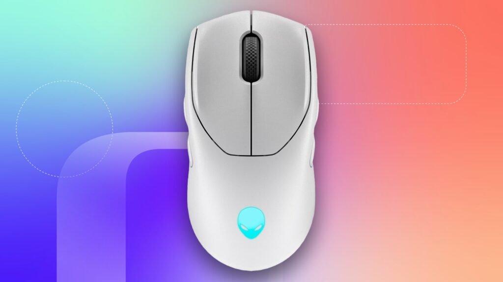 white Alienware wireless gaming mouse against CNET commerce background.