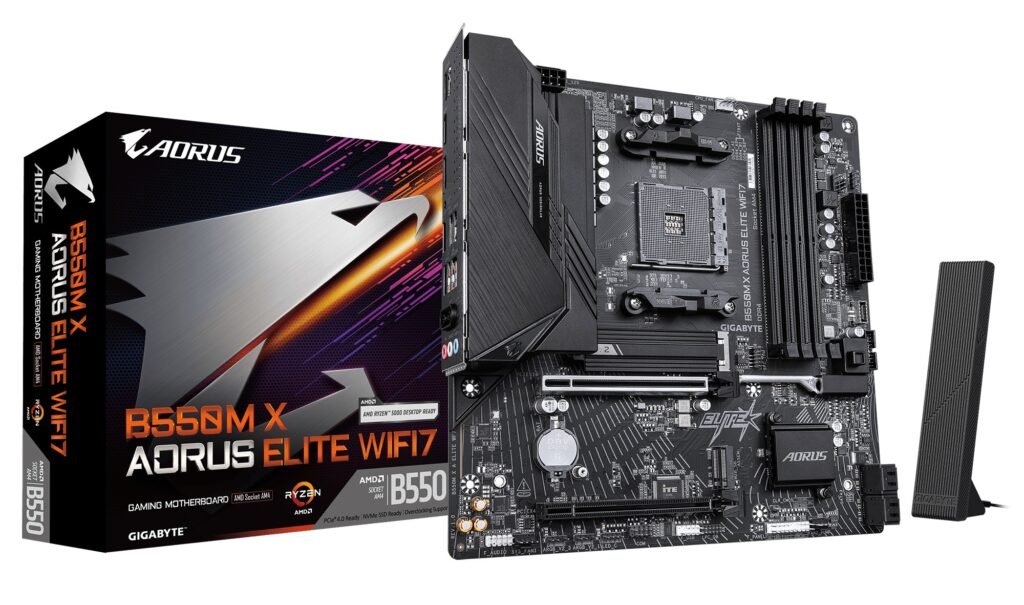 A product shot of a Gigabyte B550M X AORUS ELITE WIFI7 motherboard next to its product box and with a WiFi antenna to the right.