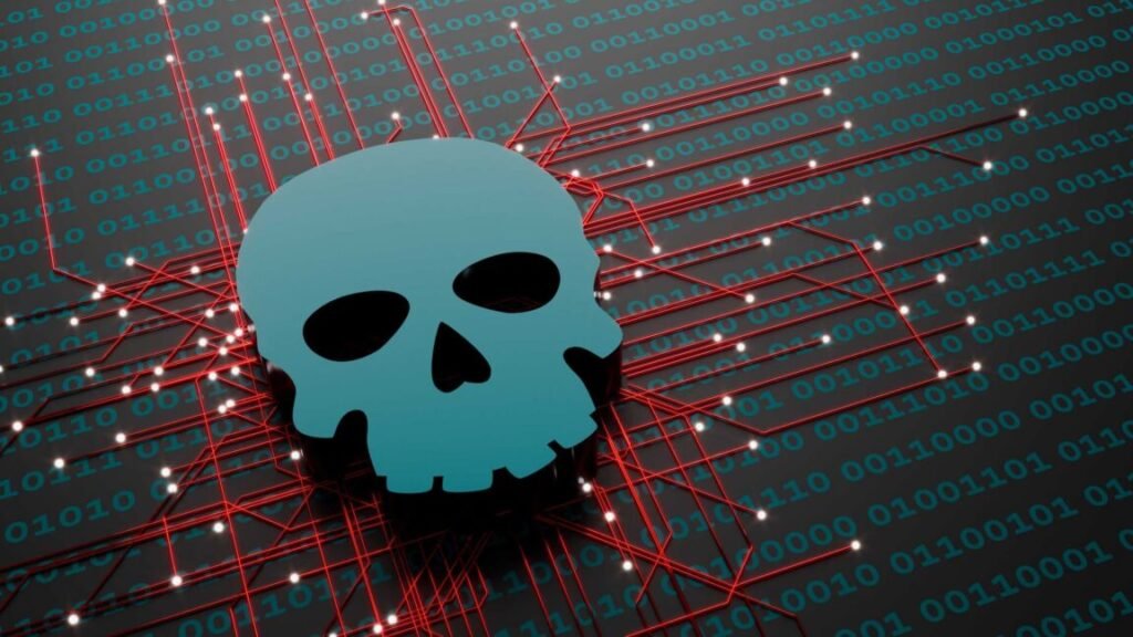 Illustration of a skull on a digital background to represent a cyber attack